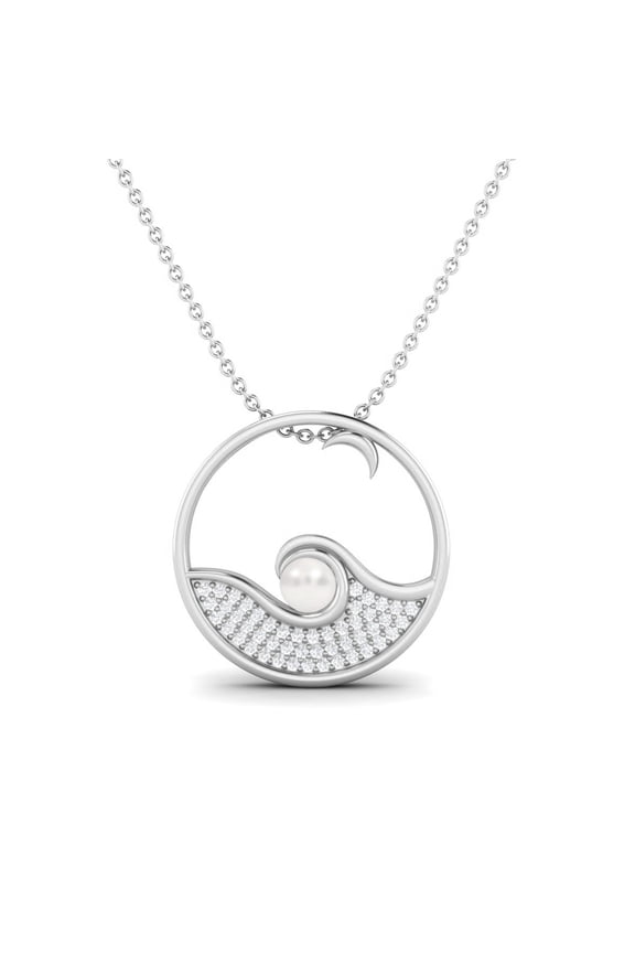 4 MM Round Pearl Open Circle Wave 925 Sterling Silver Women Swirl Chain Necklace
