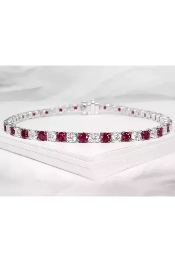 4 MM Simulated Diamond & 9 CT Round Ruby Tennis Bracelet 14K White Gold Plated
