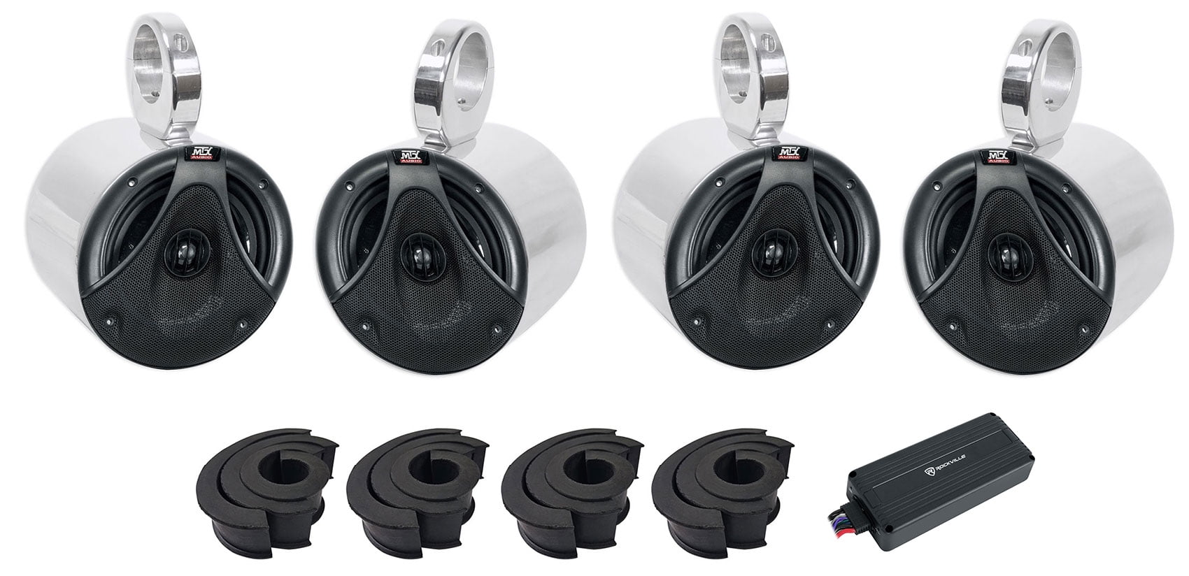 (4) MTX 6.5" 150w Silver Roll Bar Tower Speakers+Bluetooth Amp For ATV