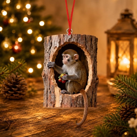 Under 4$! Macaque Monkey Christmas Ornament, Acrylic Rustic Tree Trunk Woodland Animal Hanging Decoration for Christmas Tree, Forest Animal Holiday Home Decor Gift for Animal Lovers