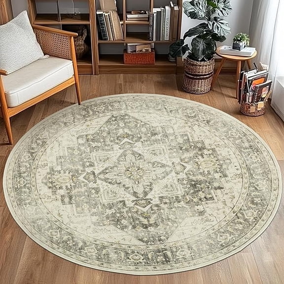 4' Machine Washable Round Area Rug for Living Room, Boho Neutral Floor Rugs for Kids, Non-Slip Low Pile Room Carpet for Bedroom, Dining Room & Nursery(4' Grey)