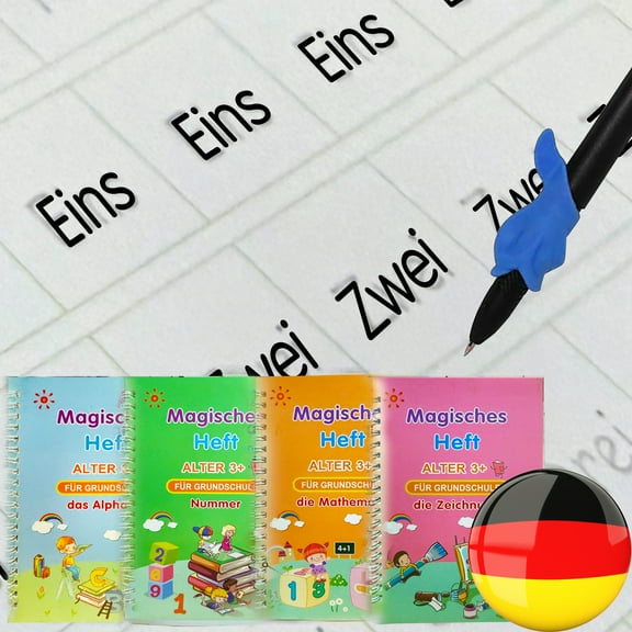 4 German Magic GermanTracing Practice Books – Grooved Handwriting German Copybooks for Kids, Reusable Writing Practice Workbooks Without Tears, Disappearing Ink for Toddlers Preschool Learn