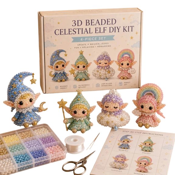 4 Magical Celestial Elf 3D Beaded DIY Kit All-In-One Beading Tools Step-by-Step Tutorial Stress Relief Handmade Mini Ornament For Adults Teens(Celestial Elf-25X20CM)
