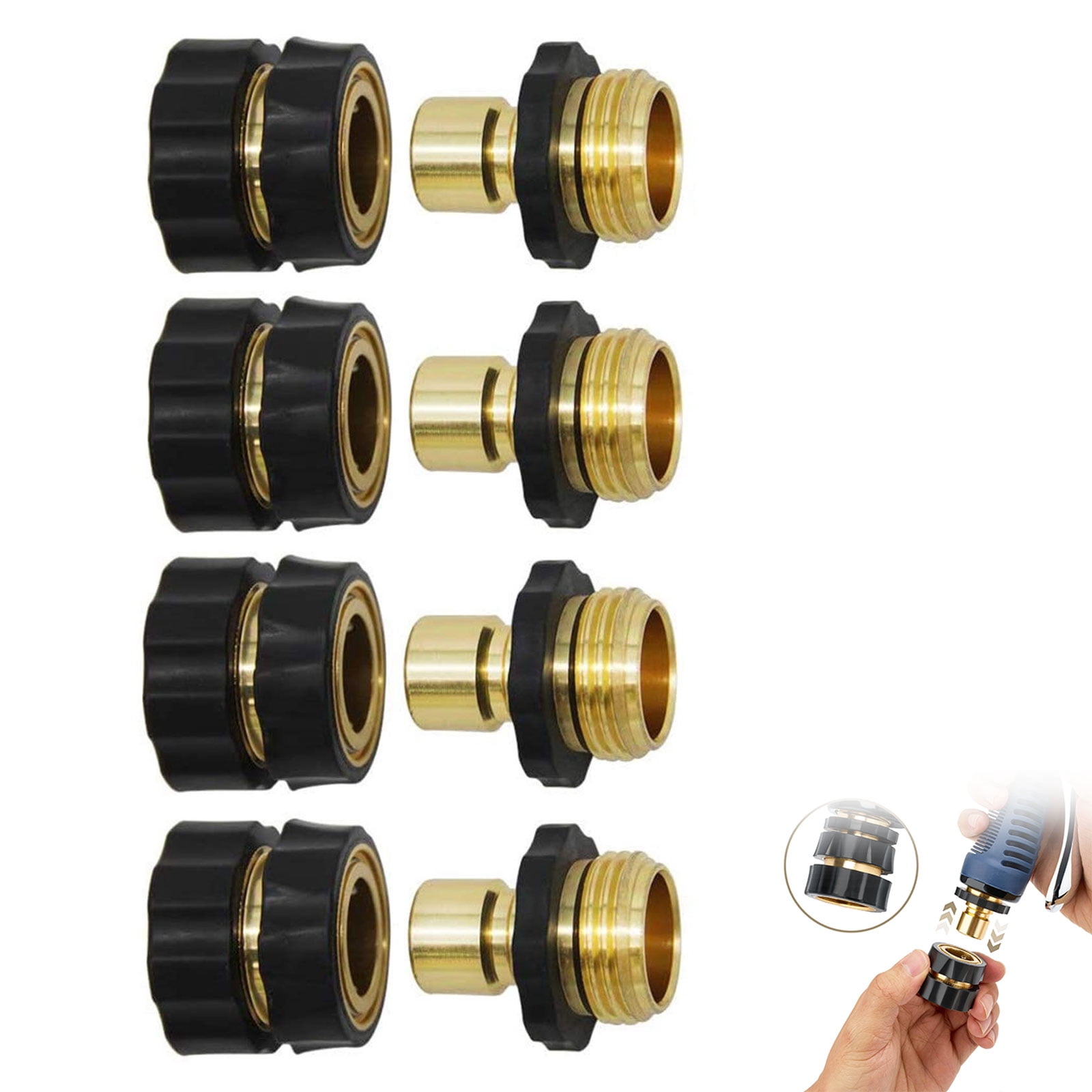 4 Male & 4 Female Garden Hose Quick Connectors Set, 3/4" Aluminum Threaded Quick Connect Fittings With Extra Rubber Washers For Watering Systems (4PC)