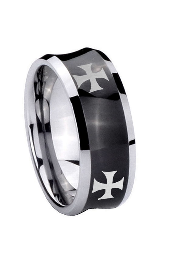 4 Maltese Cross Concave Black Tungsten Men Ring 10MM