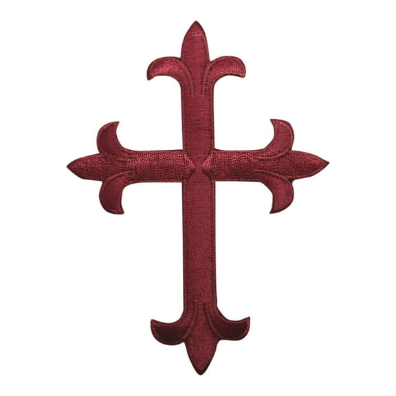 4" Maroon/Burgundy Cross - Fleur De Lis - Religious - Iron On Applique/Embroidered Patch
