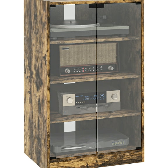 4 Media Cabinet In Rustic Brown - Modern Av Stand With Adjustable Shelves, Tempered Glass Doors For Receiver, Player, Gaming Console, Books Stand, 4, Door, Cable Management Player And Electronic