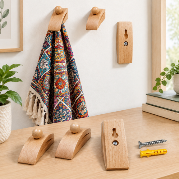 4 Medium Wooden Art Hangers (light Brown) - Clamps For Walls Tapestry Wall Display Hanging Quilt + Glasses Hanger