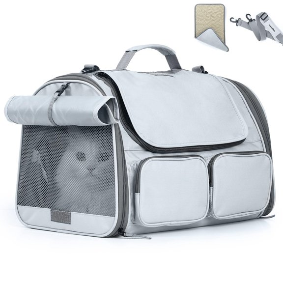 4-Mesh Window Pet Carrier for Small Dogs and Cats up to 15 Lbs, Airline Approved Travel Bag with 4 Storage Pockets and Rollable Cover for Nervous Pets