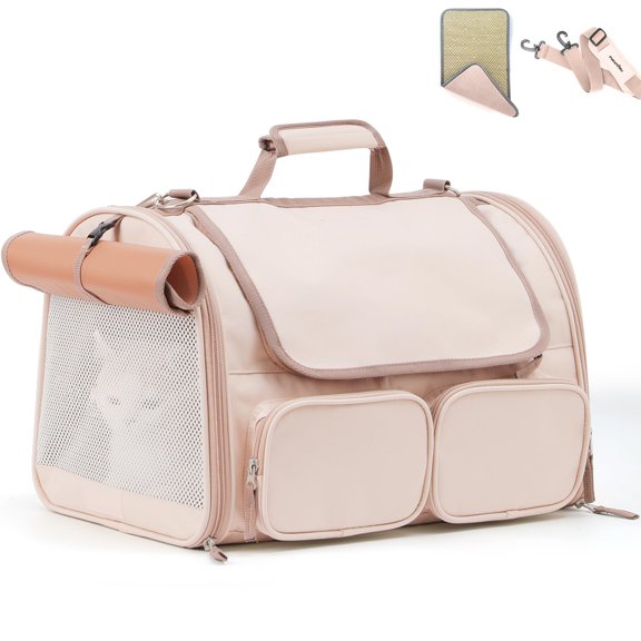 4-Mesh Window Pet Carrier for Small Dogs and Cats up to 15 Lbs, Airline Approved Travel Bag with 4 Storage Pockets and Rollable Cover for Nervous Pets