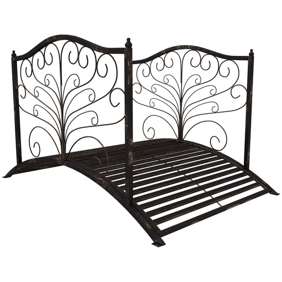 4?Metal Arch Backyard Garden Bridge with Safety Siderails, Delicate Scrollwork, & Easy Assembly, Black Bronze