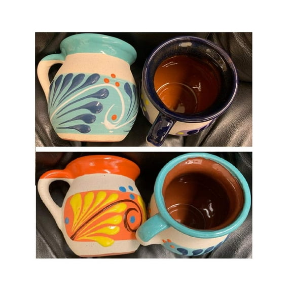 4 Mexican Coffee Mugs Jarritos Mexicanos Flower Design Tazas de Barro Micnocana Ponchero Hot Chocolate Champurrado Tepache Pulque Traditional Clay Party Dish China Made in Mexico