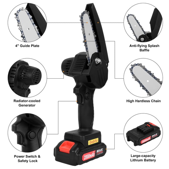 4" Mini Cordless Chainsaw, 2000mAh Rechargeable Handheld Electric Pruning Saw, Portable Battery Powered Chain Saw for Garden Tree Branch Cutting