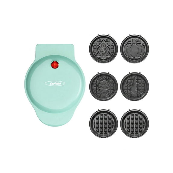 4" Mini Waffle Maker: 6 In 1 Waffle Iron With 6PC Nonstick Removable Plates Set (Santa Claus, Christmas Tree, Witch & Pumpkin), Perfect Mini Waffle Maker For Kids And Families, Light Blue