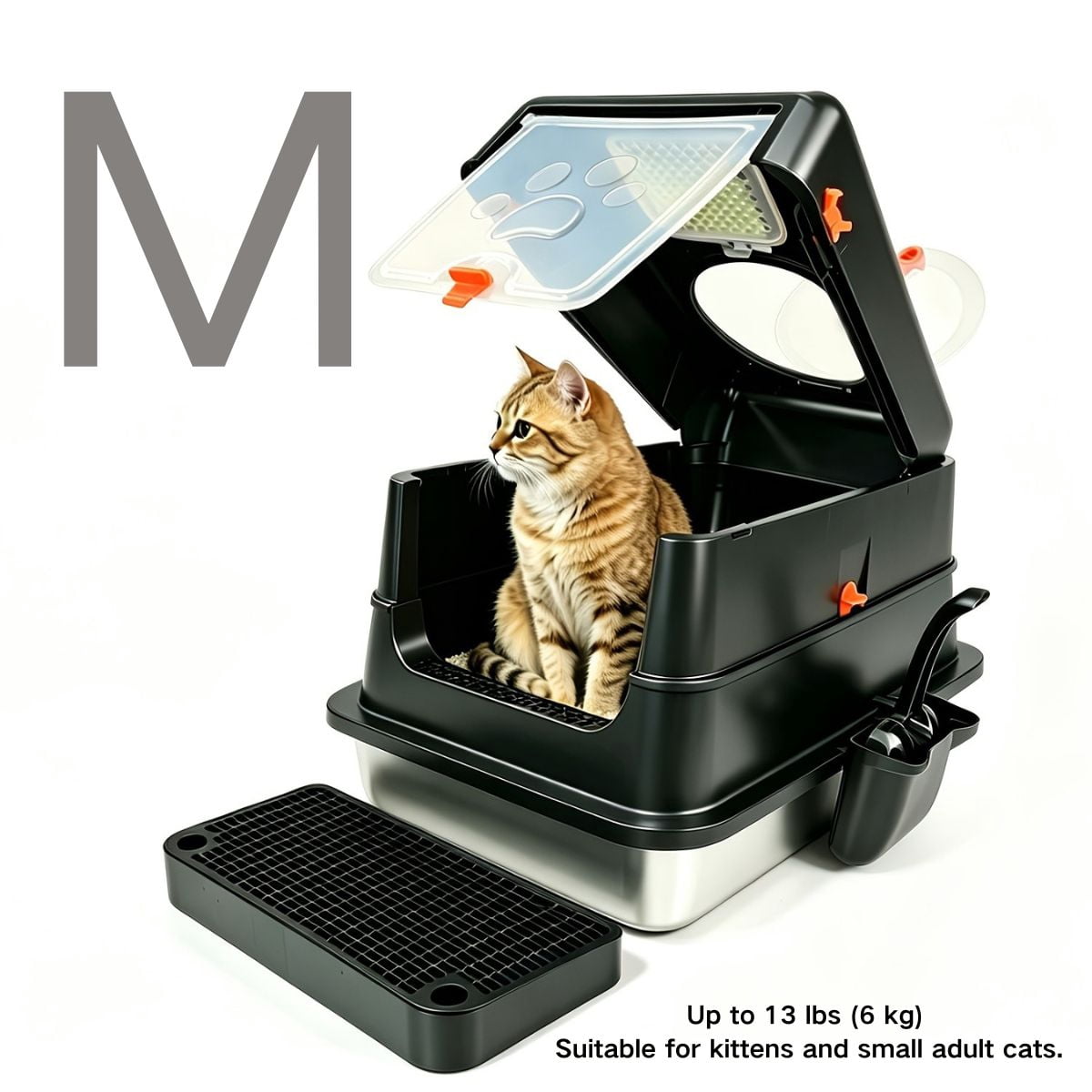 4-Mode Switchable Closed Stainless Steel Cat Litter Box, Leak-Proof & Scratch-Resistant with Sand-Proof Pedal, Free Scoop Included, Easy Clean Medium Size for Multi-Cat Homes