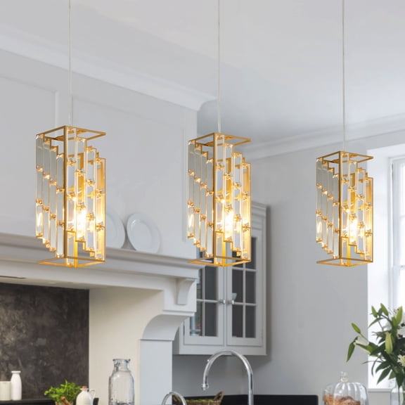 4" Modern Crystal Pendant Light 3 Pack, Adjustable Height Hanging Ceiling Lamp with Crystal Prism, Gold Finish for Dining Room Kitchen Island Living Room
