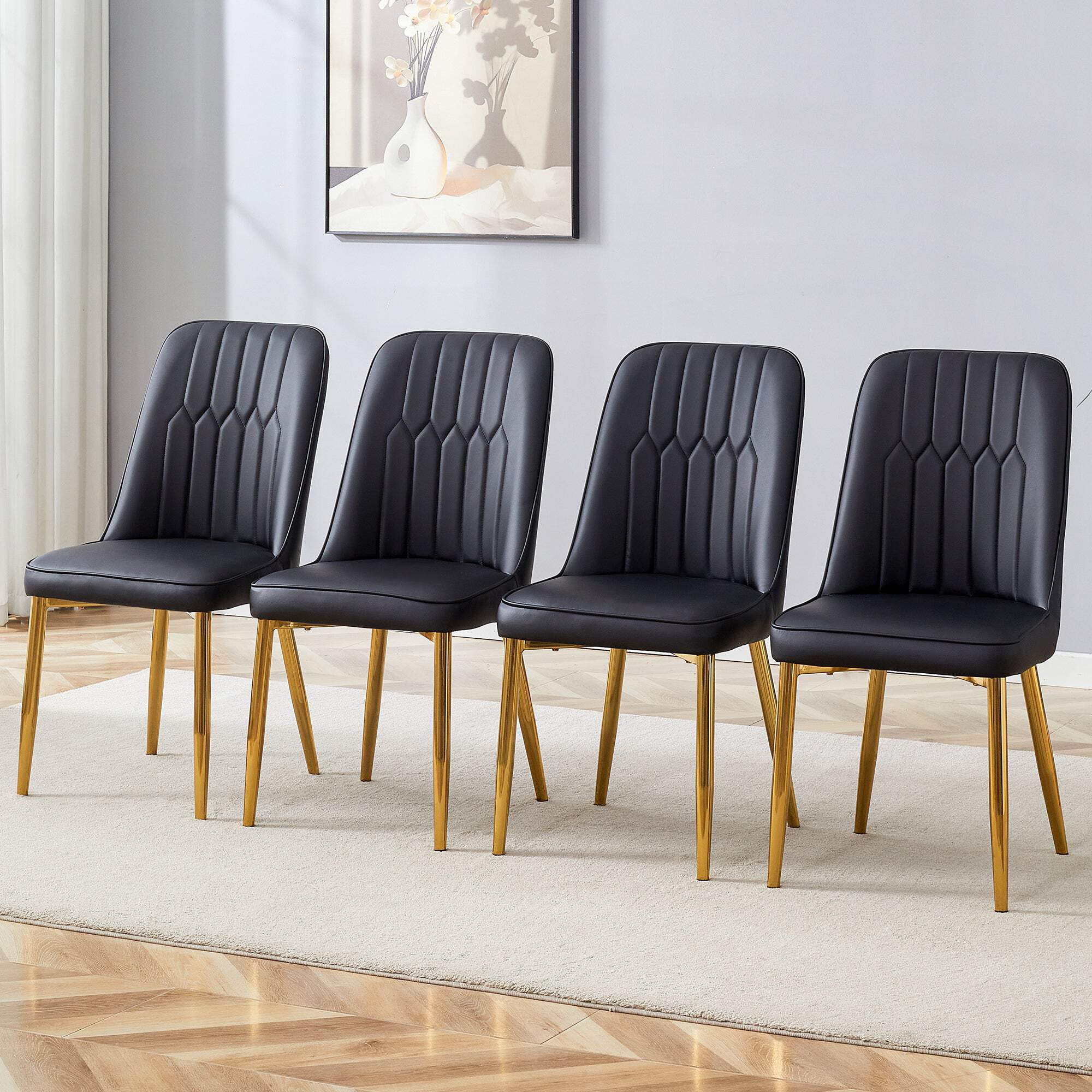 4 Modern Dining Chairs, Sleek Pu Leather Backrest, And Gold Metal Legs
