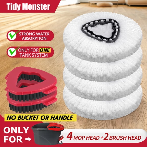 4 Mop Replacement Heads & 2 Brush Heads for O-Ceda EasyWrin Spin Mop, Microfiber Spin Mop Refills, Easy Cleaning Mop Head Replacement