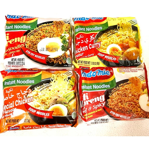 4 Most Popular Indomie Mi Goreng Instant Stir Fry Noodles, Halal Certified | Original, Hot Spicy, Special Chicken & Curry Chicken (Pack of 4)