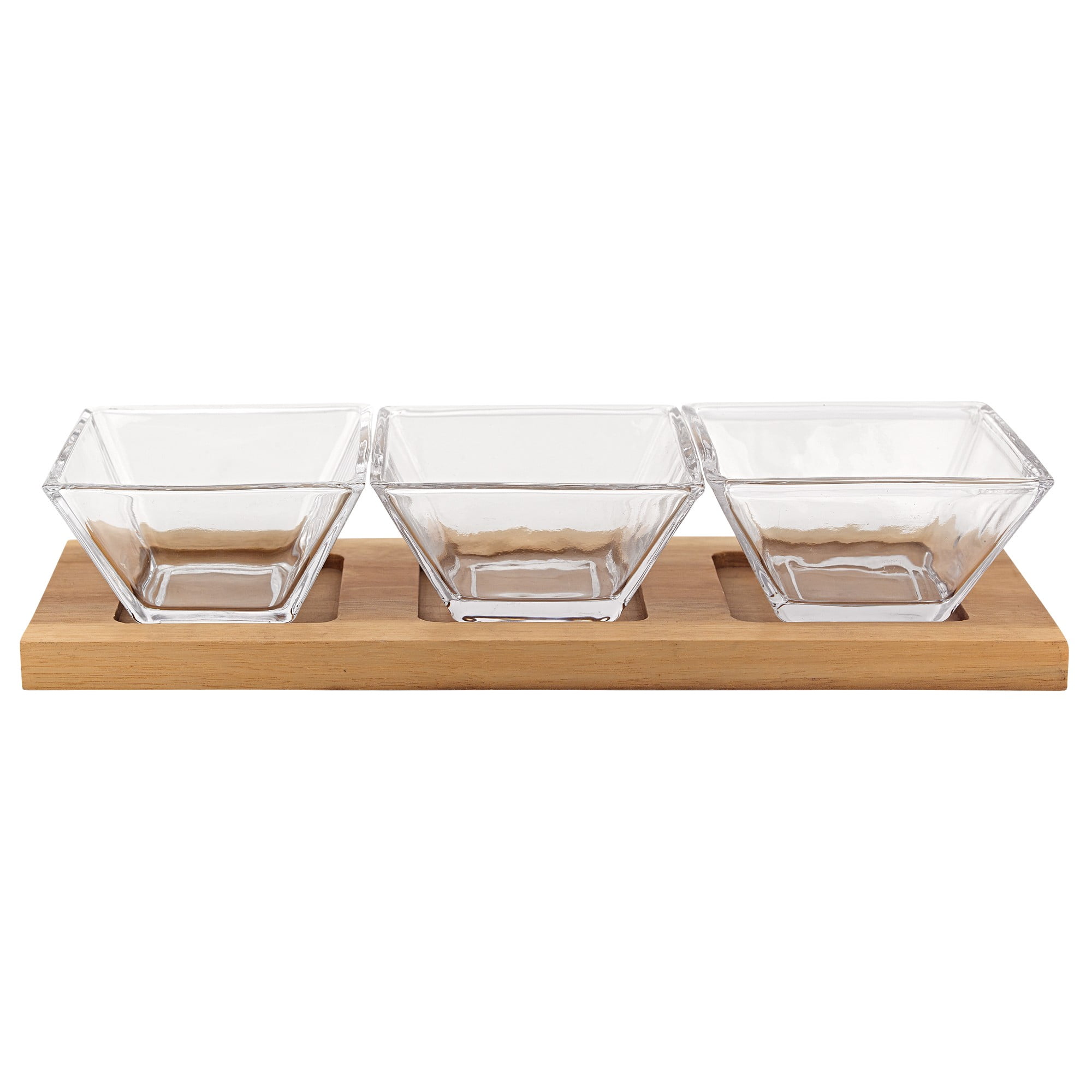 4 Mouth Blown Crystal Hostess Set 4 Pc With 3 Glass Condiment Or Dip Bowls On A Wood Tray 4 Mouth Blown Crystal Hostess Set 4 Pc With 3 Glass Condiment Or Dip Bowls On A Wood Tray