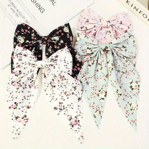 4 Multicolor Fabric Floral Ribbon Bow Hair Clips in a Rustic Style