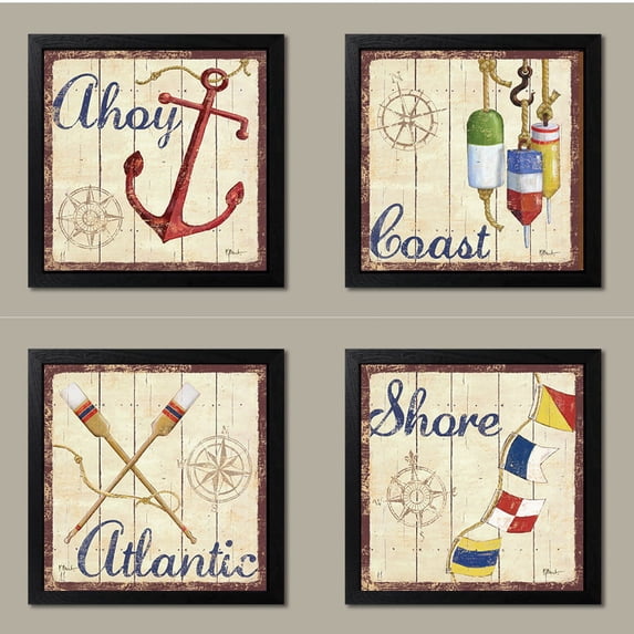 4 Nautical Themed Sailing Art Prints Sailboat Boating Decor, 12 by 12-Inch Black Framed Prints