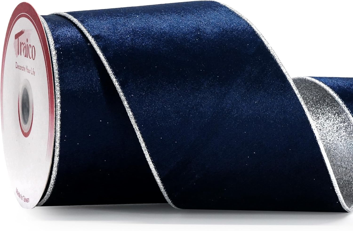 4" Navy Blue Velvet Silver Glitter Backing Wired Ribbon 10 Yards for Christmas Tree Wedding Wreath Gift Wrapping Home Décor DIY