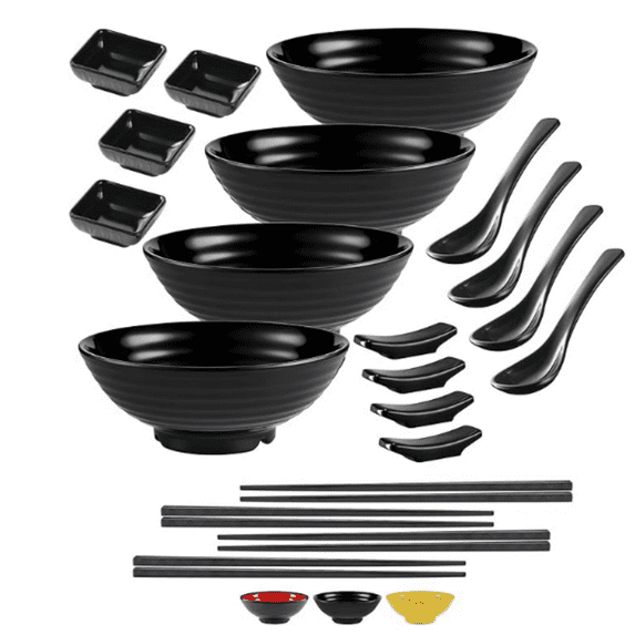 4 Noodle Bowls Set - large 32oz Ramen Bowl Set for authentic Asian Cuisine - with Dipping Bowls, Spoons, Chopsticks & Chopstick Stands. Enjoy Thai Miso Udon Wonton (4 Bowl Set, Black)
