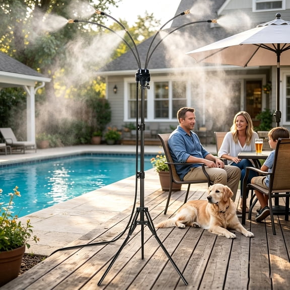 4-Nozzle Adjustable Standing Misters for Outside Patio - Stand Misting System for Cooling Outdoor Areas, Easy to Install & Maintain, Custom Coverage, Durable for Backyard Use