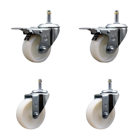 4 Nylon Wheel Swivel 7/16 Inch Grip Ring Stem Caster Set 2 Total Lock Brakes