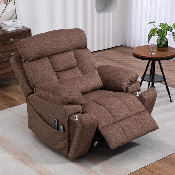 REHOUSING Adult Velvet Lay Flat Lift and Massage Heat Recliners with 2 Cup Holders, Brown