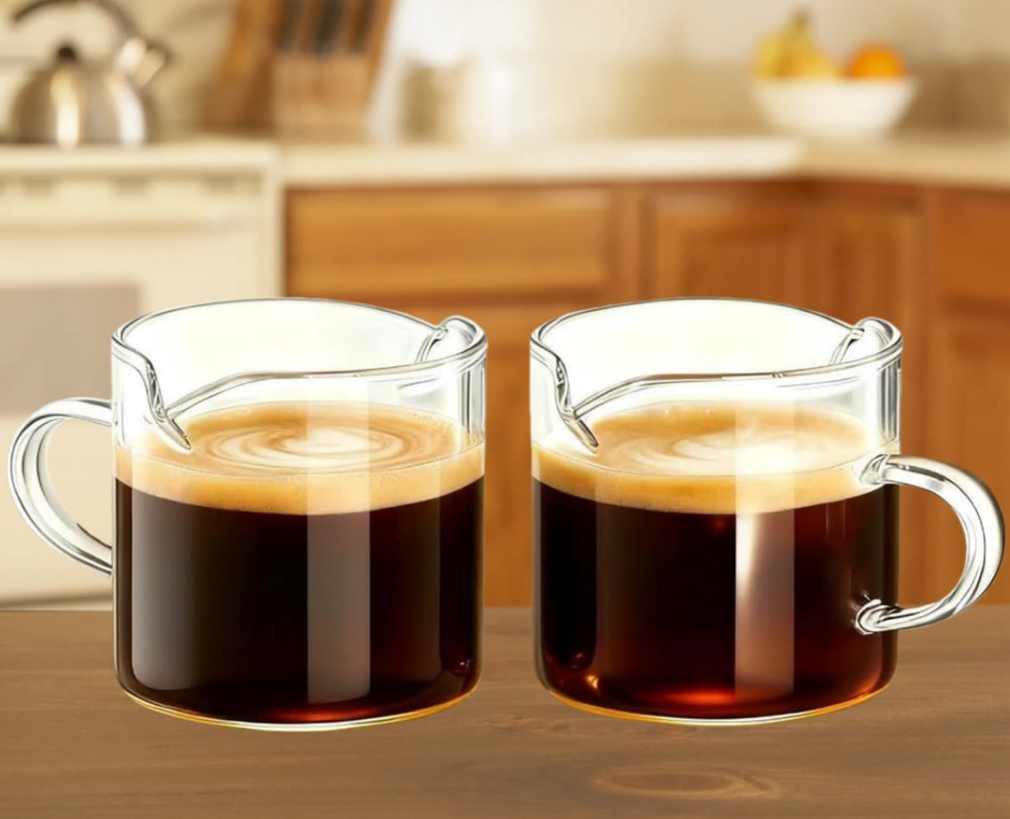 4 OZ Espresso Cups Set of 2, Double Spouts Cups, Shot Glasses, Milk Cup with Handle, Clear Glass, Espresso Accessories for Making Coffee Desserts Salad Dressing Machine