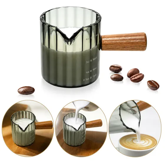 4 OZ Espresso Cups Set of 2, Glass Espresso Shot Glasses with Wood Handle, V-Spout Ribbed Milk Frothing Pitcher with Measuring Scale, Gray Demitasse Coffee Accessories