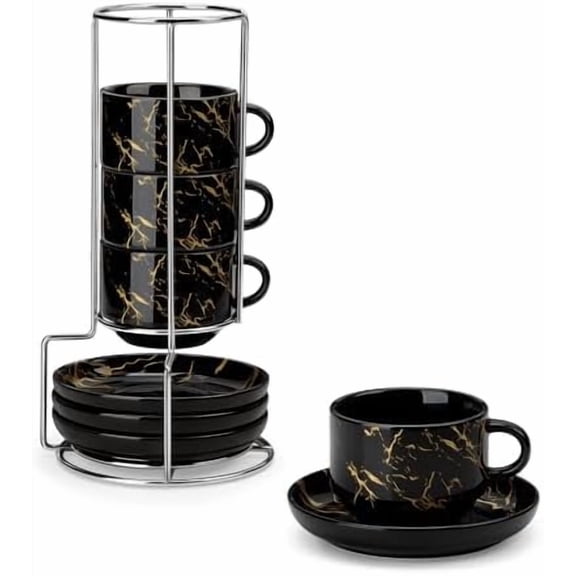 4 OZ Porcelain Espresso Cups with Saucers and Metal Stand Set of 4, Stackable Cappuccino Cups, Marble Black Expresso Shots Cup Set for Coffee Drinks, Latte, Tea