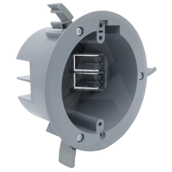 4'' Old Work Round Electrical Box, One-Gang Grey PVC Junction Box, 18 Inch Capacity, Round Ceiling Remodel Box with Built-in Mounting Tabs, Three Mounting Wings, 2-Hour Fire Rated Walls
