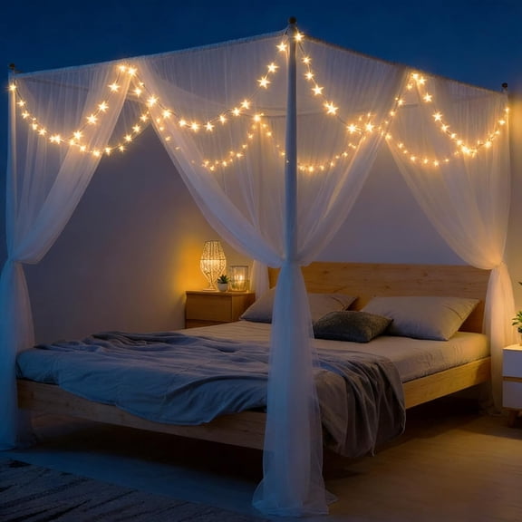 4-Opening Mosquito Net Bed Canopy with 66ft LED Star String Lights, Breathable Polyester Bed Curtain for Queen Beds, 7.2ft x 6.6ft x 8.5ft, White