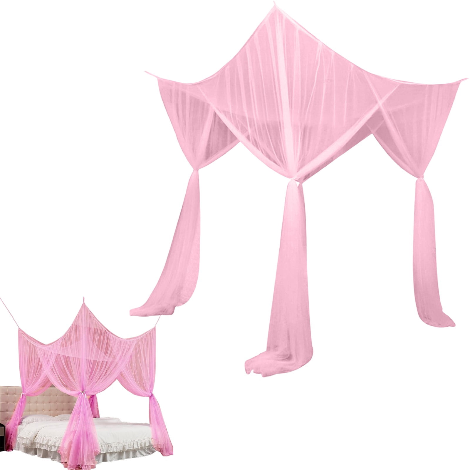 4 Openings Bed Canopy Net, Pink Polyester Mosquito Netting for Twin Bed, Princess Style Curtain for Girls Room, Decorative蚊帐 with Hooks for Home and Camping