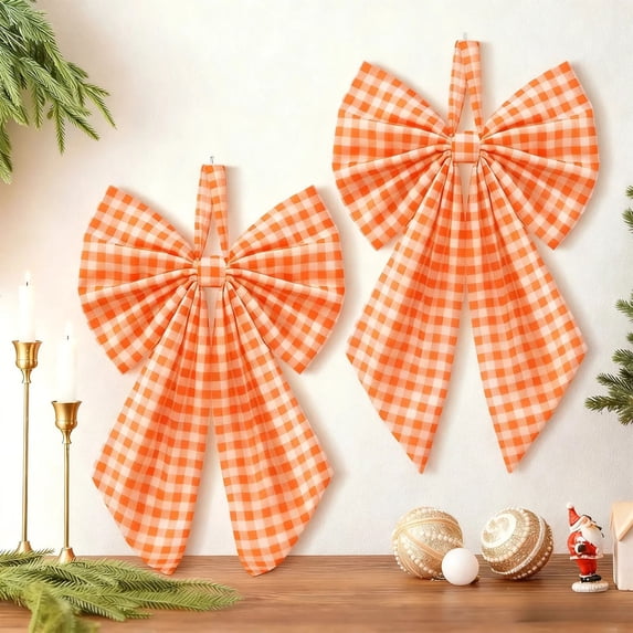 Under 4$! Orange Gingham Christmas Tree Topper Bow, 9.8 x 7.1 Inch Large Plaid Christmas Bow with Hanging Loop, Wreath Bow for Tree Door and Holiday Party Decor