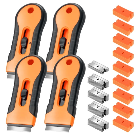 4 Orange Razor Blade Scrapers with 45 Metal & 90 Plastic Blades for Paint, Stickers, Decals, Glass & Stovetop Cleaning