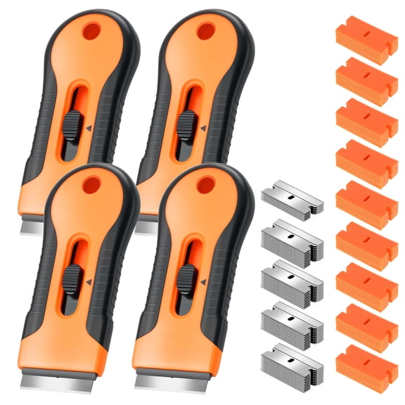 4 Orange Razor Blade Scrapers with 45 Metal & 90 Plastic Blades for Paint, Stickers, Decals, Glass & Stovetop Cleaning