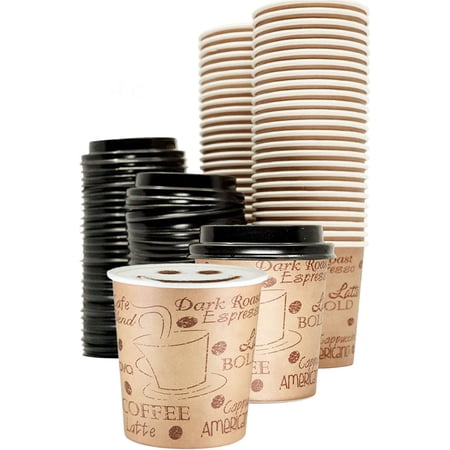 4 Ounce Disposable Espresso Paper Hot Cups with Black Lids - 50 sets - Print - Small Portion Sample Shots