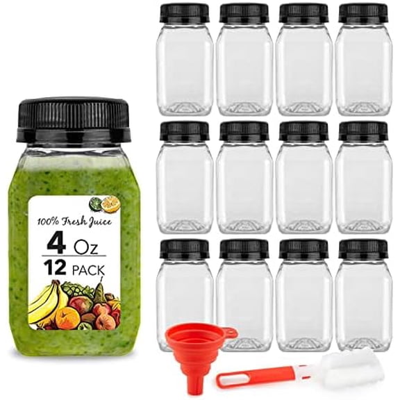 4 Ounce Mini Bottles for Mini Fridge, Reusable Juice Containers with Black Caps, Small Bottle for Liquids in Lunch Box, Clear Empty Plastic Container with Lids for Juicing (12 Pack)