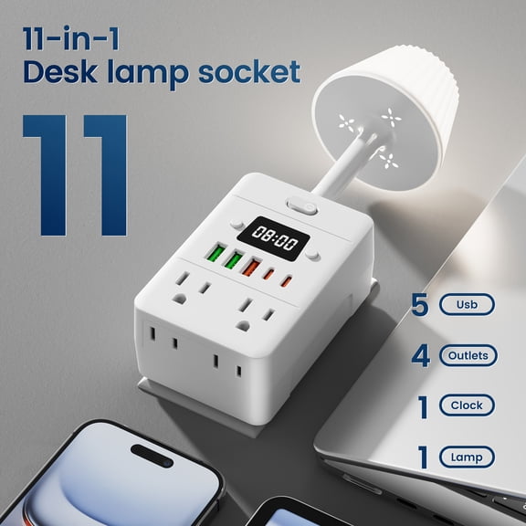 4-Outlet Power Strip with Desk Lamp & Clock, Surge Protection, On/Off Switch, 3 USB-A & 2 USB-C Ports for Home, Office, Dorm, Travel
