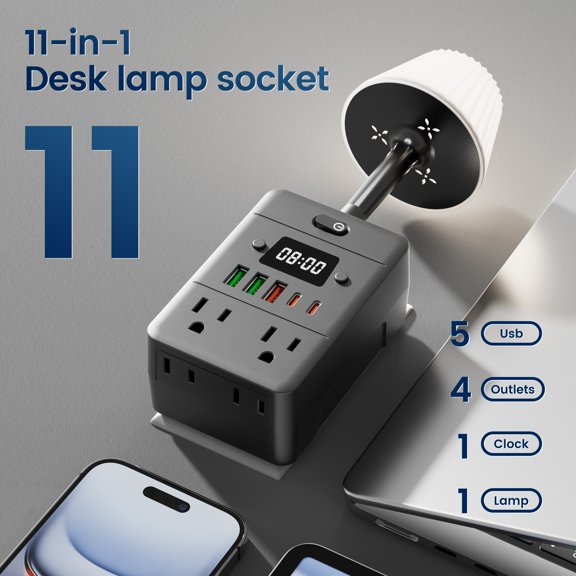 4-Outlet Power Strip with Desk Lamp & Clock, Surge Protection, On/Off Switch, 3 USB-A & 2 USB-C Ports for Home, Office, Dorm, Travel