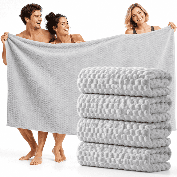 4 Oversized Gray Bath Towel Set, Extra Large 40x80 Inch Coral Fleece Towels