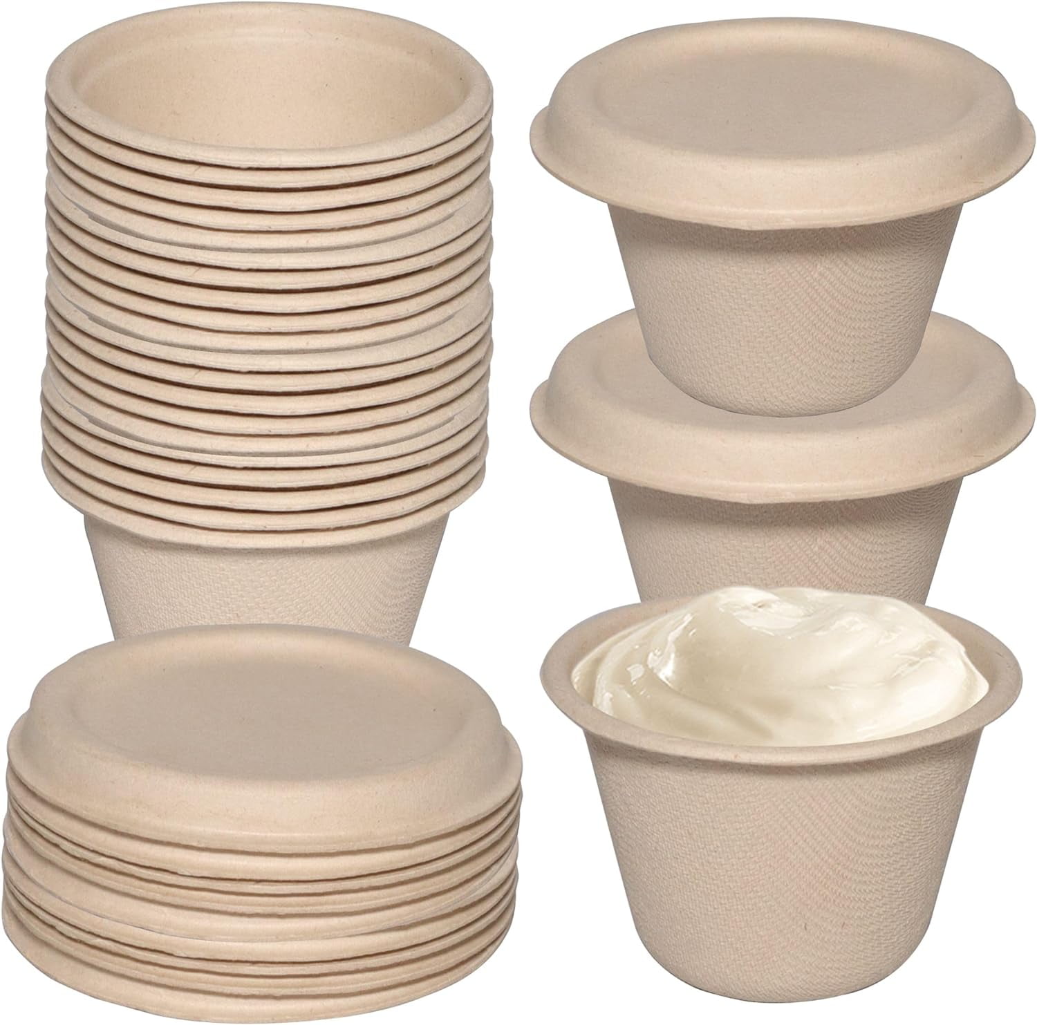 4 Oz Compostable Souffle Portion Cups with Fiber Lids Condiment Paper