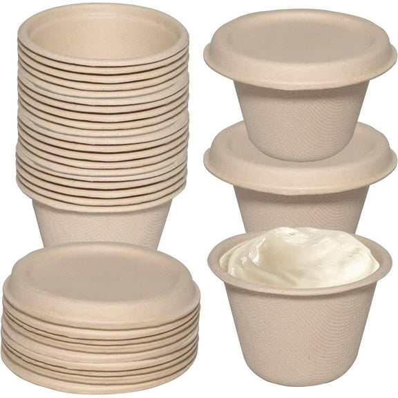 4 Oz Compostable Souffle Portion Cups with Fiber Lids - Condiment Paper Sample Cup with Lid Sugarcane Bagasse, Biodegradable Great For Sauces, Condiments, Slime, Jello Shot, Food Storage (1500)