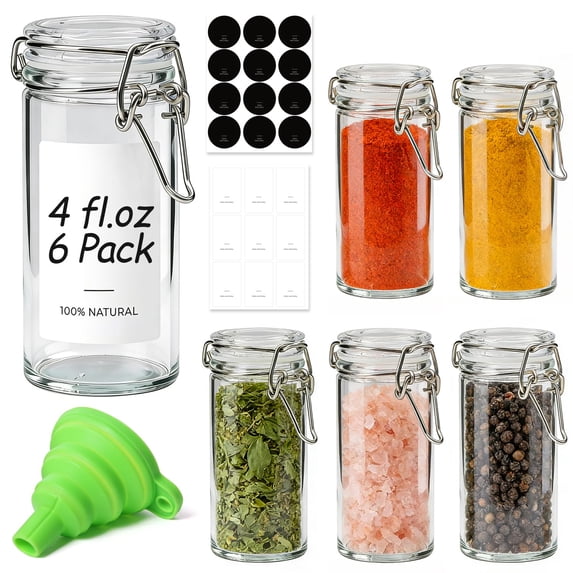 4 Oz Glass Spice Jars With Airtight Clamp Lids 6 Pack Small Swing Top Containers For Storage Pantry Organization Party Favors & Diy Gifts - Includes Funnel Labels