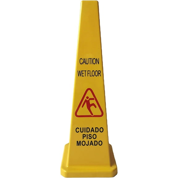 4 PACK - 27" Yellow Plastic Caution Wet Floor Janitorial Cone-Shaped Signs
