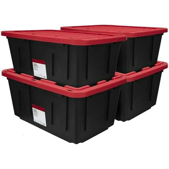 (4 PACK 27 gALLON pLASTIC sTORAGE cONTAINER WITH sNAP-oN lID bLACK AND rED dURABLE oRGANIZER bIN FOR hOME oFFICE gARAGE oRGANIZATION hEAVY dUTY sTORAGE sOLUTION FOR tOYS cLOTHES tOOLS AND mORE